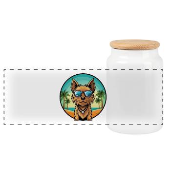 Australian Silky Terrier Dog Breed Cartoon Beach - Panoramic Cookie Jar with Wooden Lid - white - Front