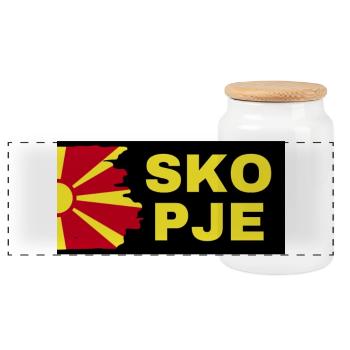 Skopje-Stadt mit Nordmazedonien-Flaggendesign - Panorama Keksdose mit Holzdeckel - Weiß - Vorne