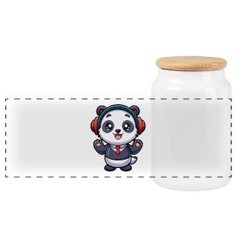 Panda Drôle Dessin Animé Personnage Casque Musique - Boîte à biscuits avec couvercle en bois - blanc - Devant