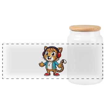 Léopard Funny Cartoon Character Musique de casque - Boîte à biscuits avec couvercle en bois - blanc - Devant