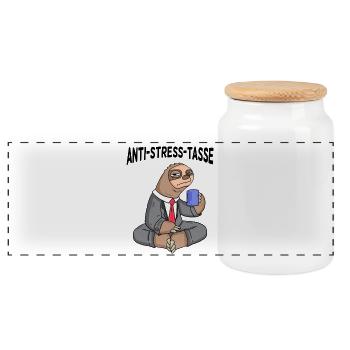 Anti Stress Tasse Faultier Kaffee Büroleben - Panorama Keksdose mit Holzdeckel - Weiß - Vorne
