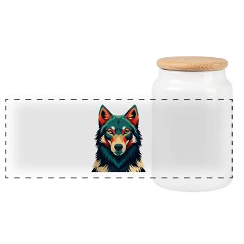 Wolf Cartoon Figur Buntes Haustier Tier - Panorama Keksdose mit Holzdeckel - Weiß - Vorne