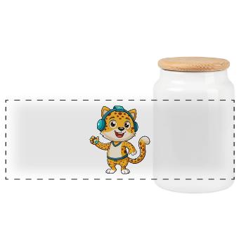 Léopard Funny Cartoon Character Musique de casque - Boîte à biscuits avec couvercle en bois - blanc - Devant