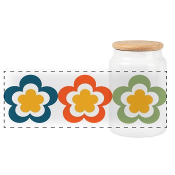 70er Jahre Blume Muster - Panorama Keksdose mit Holzdeckel - Weiß - Vorne