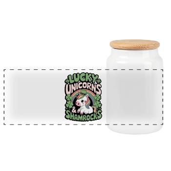 Lucky Unicorns & Shamrocks - Panoramic Cookie Jar with Wooden Lid - white - Front