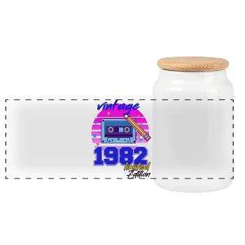 Vintage 40th Birthday 40 Years 1982 Pop Cassette - Panoramic Cookie Jar with Wooden Lid - white - Front