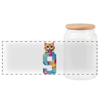 9 YEARS OLD CAT 9TH BIRTHDAY - Panoramic Cookie Jar with Wooden Lid - white - Front