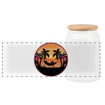 Palm Trees Hammock Sunset - Panoramic Cookie Jar with Wooden Lid - white - Front