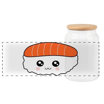 Kawaii, Nigiri, Saumon, Poisson, Riz, Cuisine japonaise - Boîte à biscuits avec couvercle en bois - blanc - Devant