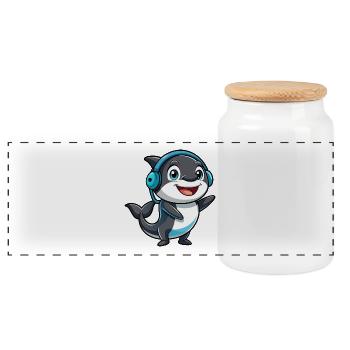 Orca Funny Cartoon Character Headphone Music - Panoramic Cookie Jar with Wooden Lid - white - Front
