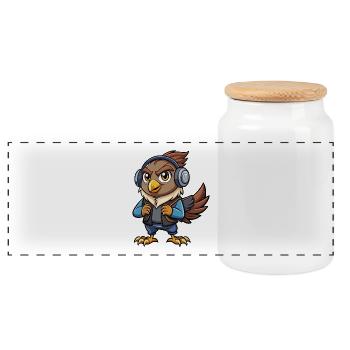 Hawk Funny Cartoon Character Headphone Music - Panoramic Cookie Jar with Wooden Lid - white - Front