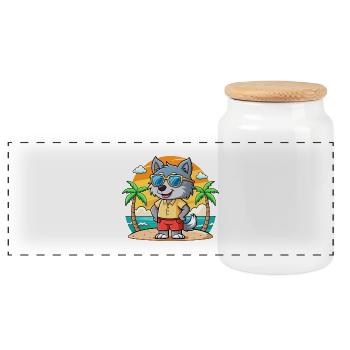 Wolf Lustige Cartoon Sommer Strand Sonnenbrille - Panorama Keksdose mit Holzdeckel - Weiß - Vorne