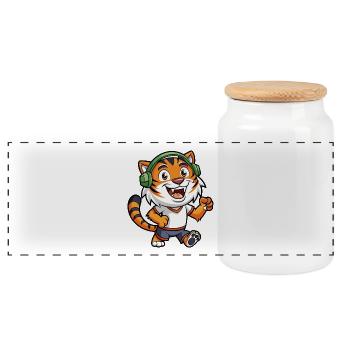 Tiger Lustige Zeichentrickfigur Kopfhörer Musik - Panorama Keksdose mit Holzdeckel - Weiß - Vorne
