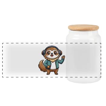 Sloth Funny Cartoon Character Headphone Music - Panoramic Cookie Jar with Wooden Lid - white - Front