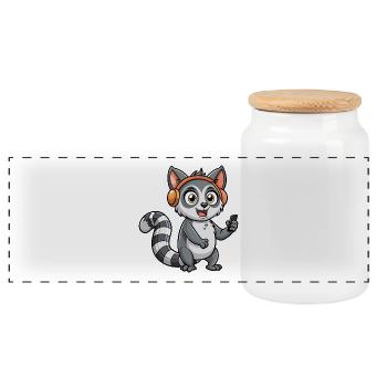 Lemur Funny Cartoon Character Headphone Music - Panoramic Cookie Jar with Wooden Lid - white - Front