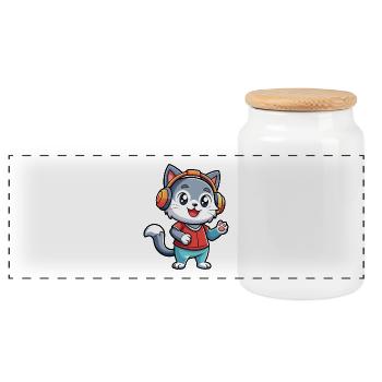 Katze Lustige Cartoon Figur Kopfhörer Musik - Panorama Keksdose mit Holzdeckel - Weiß - Vorne