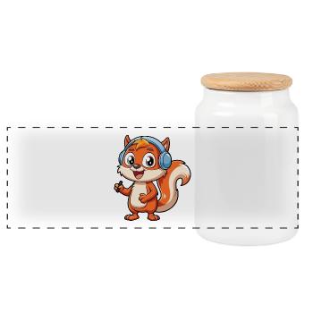 Squirrel Funny Cartoon Character Headphone Music - Panoramic Cookie Jar with Wooden Lid - white - Front
