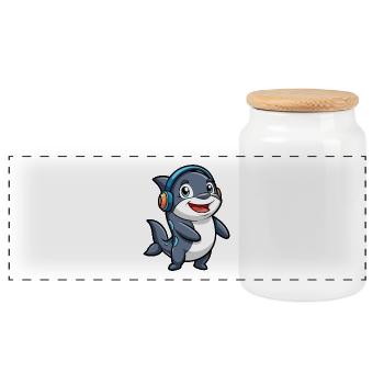 Orca Funny Cartoon Character Headphone Music - Panoramic Cookie Jar with Wooden Lid - white - Front