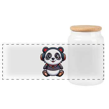Panda Drôle Dessin Animé Personnage Casque Musique - Boîte à biscuits avec couvercle en bois - blanc - Devant