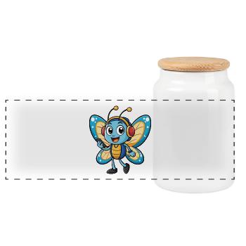 Butterfly Funny Cartoon Character Headphone Music - Panoramic Cookie Jar with Wooden Lid - white - Front