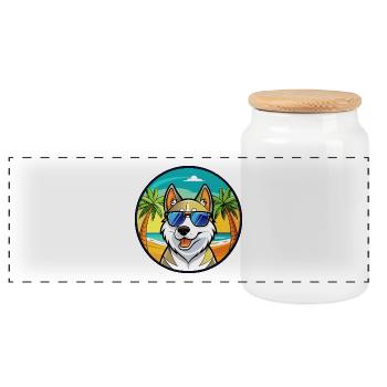 Russisch Europäischer Laika Hund Rasse Cartoon Strand - Panorama Keksdose mit Holzdeckel - Weiß - Vorne