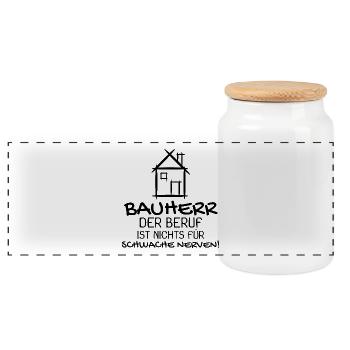 Bauherr Baumeister Hausbau Haus Witziges Geschenk - Panorama Keksdose mit Holzdeckel - Weiß - Vorne