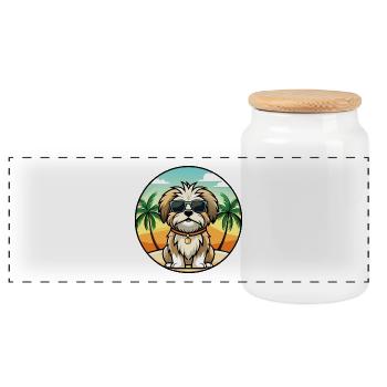 Malteser Shih Tzu Hund Rasse Cartoon Sonnenbrille Strand - Panorama Keksdose mit Holzdeckel - Weiß - Vorne