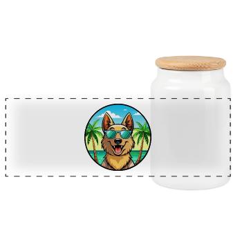 Majorca Shepherd Dog Breed Cartoon Sunglass Beach - Panoramic Cookie Jar with Wooden Lid - white - Front