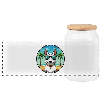 Miniatur Bullterrier Hunderasse Cartoon Beach - Panorama Keksdose mit Holzdeckel - Weiß - Vorne