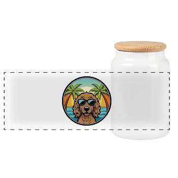 Curly Coated Retriever Dog Breed Cartoon Beach - Panoramic Cookie Jar with Wooden Lid - white - Front