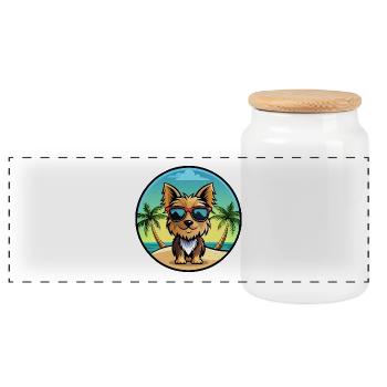 Yorkshire Terrier Dog Breed Cartoon Sunglass Beach - Panoramic Cookie Jar with Wooden Lid - white - Front