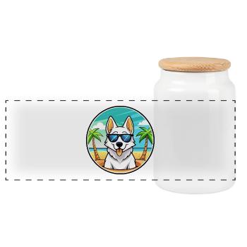 White Shepherd Dog Breed Cartoon Sunglasses Beach - Panoramic Cookie Jar with Wooden Lid - white - Front