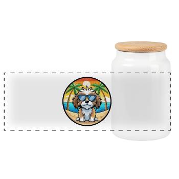 Tibetische Kyi Apso Hunderasse Cartoon Sonnenbrille Strand - Panorama Keksdose mit Holzdeckel - Weiß - Vorne