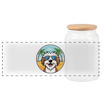 Tibet Terrier Hund Rasse Cartoon Sonnenbrille Strand - Panorama Keksdose mit Holzdeckel - Weiß - Vorne