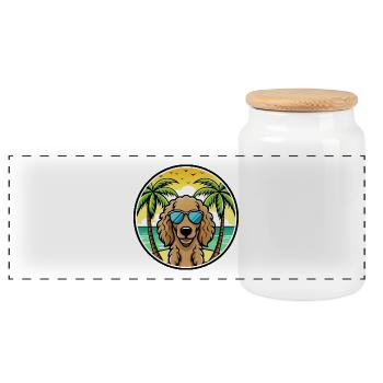 Curly Coated Retriever Dog Breed Cartoon Beach - Panoramic Cookie Jar with Wooden Lid - white - Front