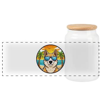 Central Asian Shepherd Dog Breed Cartoon Beach - Panoramic Cookie Jar with Wooden Lid - white - Front