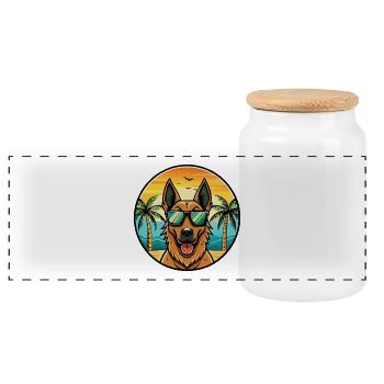 Belgian Shepherd Dog Breed Cartoon Sunglass Beach - Panoramic Cookie Jar with Wooden Lid - white - Front