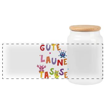 gute Laune Tasse - Panorama Keksdose mit Holzdeckel - Weiß - Vorne