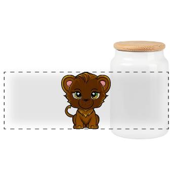 lion cub - Panoramic Cookie Jar with Wooden Lid - white - Front
