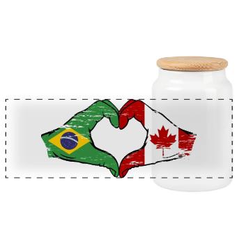 Brazil Canada Flag Hands Heart Shape Used - Panoramic Cookie Jar with Wooden Lid - white - Front