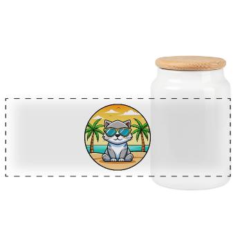 Scottish Fold Cat Breed Cartoon Sunglasses Beach - Panoramic Cookie Jar with Wooden Lid - white - Front