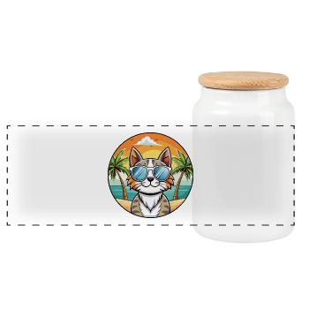 American Curl Katzenrasse Cartoon Sonnenbrille Strand - Panorama Keksdose mit Holzdeckel - Weiß - Vorne
