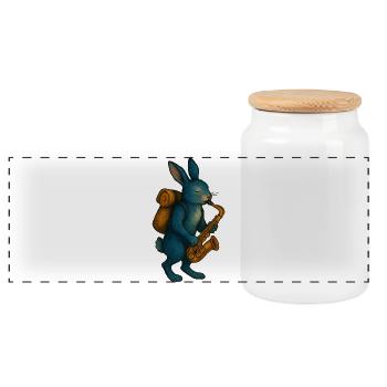 Blaues Kaninchen mit Saxophon - Panorama Keksdose mit Holzdeckel - Weiß - Vorne