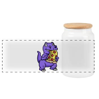 Small sweet dino with pizza child snacking baby - Panoramic Cookie Jar with Wooden Lid - white - Front