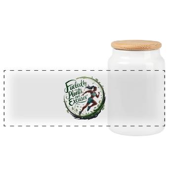 Fueled By Plants Not Excuses - Panoramic Cookie Jar with Wooden Lid - white - Front