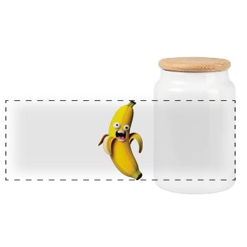Expressive banana figure with a face - Panoramic Cookie Jar with Wooden Lid - white - Front