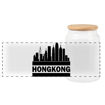 Hong Kong Skyline Souvenir Asia Buddha Gift Om - Panoramic Cookie Jar with Wooden Lid - white - Front