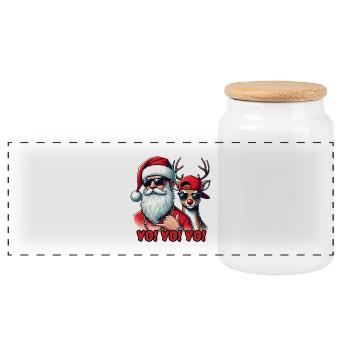 Hallo! Hallo! Hallo! Weihnachtsmann & Rentiere - Panorama Keksdose mit Holzdeckel - Weiß - Vorne