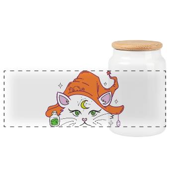 Halloweenkatze Hexenhut - Panorama Keksdose mit Holzdeckel - Weiß - Vorne