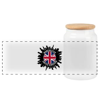 Manchester Skyline UK Flagge Reisesouvenir - Panorama Keksdose mit Holzdeckel - Weiß - Vorne